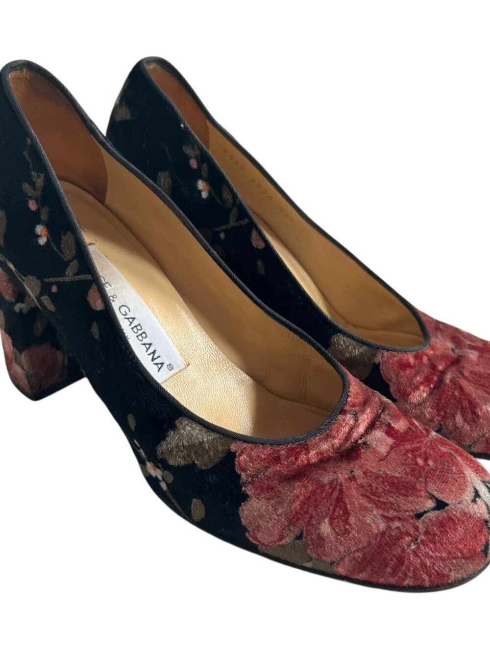 Dolce and Gabbana high heels 37.5 black velvet pink floral print block pump